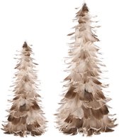 Set van 2 conen / kunstkerstbomen / kerstboom met veren - Beige / taupe / wit / goud - 22 x 22 x 46 cm hoog (grootste boom)