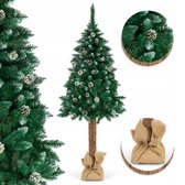 Kunstkerstboom - 180 cm - donkergroen -  realistische stam – echt hout -  inclusief dennenappels - gratis jute zak