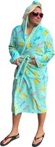 Unicorn damesbadjas – Dames badjas eenhoorn – Fleece badjas aqua blauw – Fleece damesbadjas vrolijke kleuren – Damesbadjas capuchon – L /XL