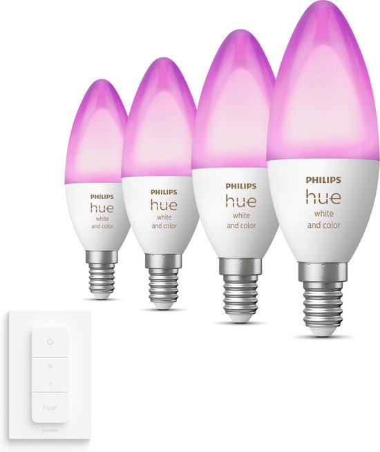 Philips Hue White and Color Ambiance E14 Uitbreidingspakket - 4 Kaarslampen en Dimmer Switch - Wit en Gekleurd Licht - Dimbaar