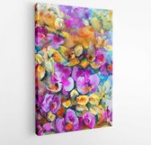 Abstracte helder gekleurde decoratieve achtergrond. Handgemaakt bloemmotief. Prachtig teder romantisch lenteboeket van orchideebloemen, gemaakt in de techniek van aquarellen uit de