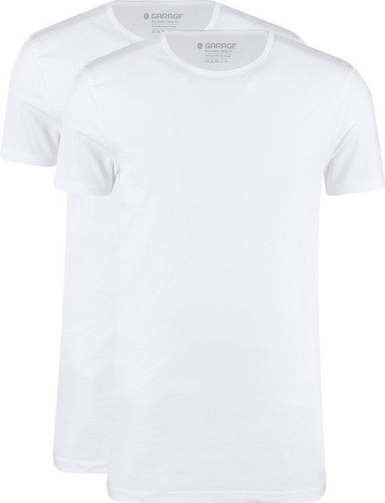 Garage 0221- Bio-Cotton Bodyfit 2-pack T-shirt ronde hals korte mouw wit M 95% organisch katoen 5% elastan