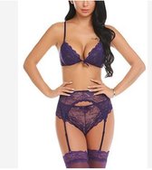Dames lingerieset - BH Top - Jarretelgordel en Slip - Paars - maat M