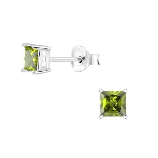 Joy|S - Zilveren vierkant oorbellen - 4 mm - zirkonia olijf groen