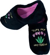 Elcee-Haly – Klomp sloffen – Zwarte Pantoffelklomp met Tulpen boeket – Warme sloffen – Zwart / Roze – Maat 42 / 43