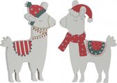 Kerstversiering - set van 2 Christmas lama's - Lama Alpaca - losstaande feestdagen decoratie - wit hout - voor onder de kerstboom - 20,5 cm hoog - Kerstcadeau Sinterklaas schoencad