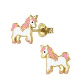 Joy|S - Zilveren eenhoorn oorbellen - roze - unicorn paardje oorknoppen - 14k goudplating