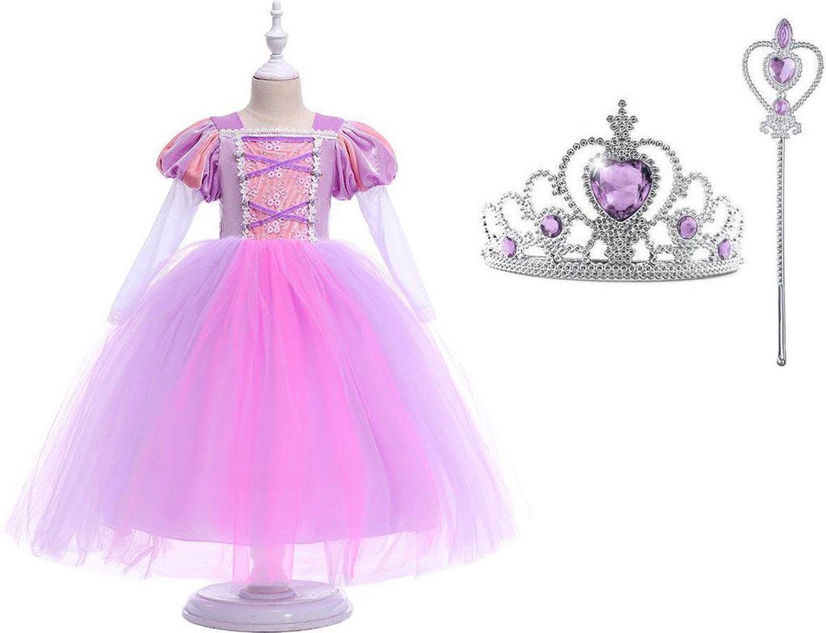 Afbeelding van product Het Betere Merk  Rapunzel Jurk - 146/152 - Prinsessenjurk - Verkleedkleding Meisje - Tiara+Toverstaf - Speelgoed  - maat 146/152
