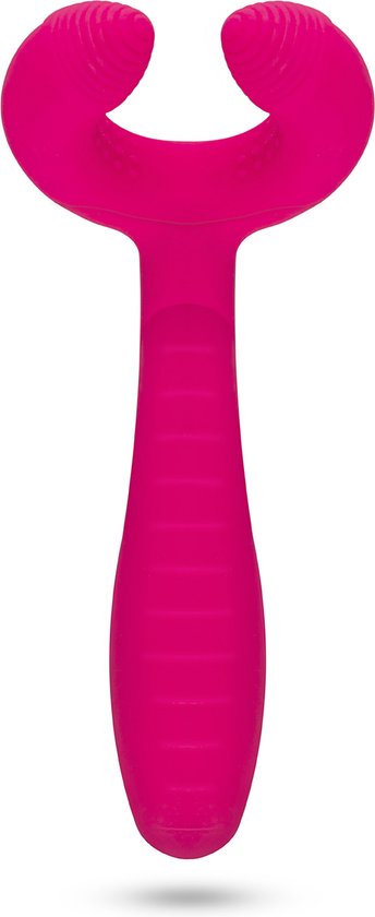 Roze, gebogen vibrator met ribbelige uiteinden en een gestreepte handgreep, van bovenaf gezien.