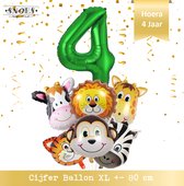 Jungle Decoratie Verjaardag Ballonnen - Hoera 4 jaar - Snoes- Nummer ballon 4 - Safari - Jungle Hoofden 6 stuks + Cijferballon Groen  & Gratis Rietje en Ballon Lint