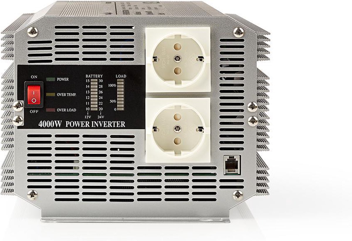 Nedis Inverter Gemodificeerde Sinusgolf - Ingangsvoltage: 12 V DC - Apparaat stroomoutput: Type F (CEE 7/3) - 230 V AC 50 Hz - 4000 W - Piekvermogen: 8000 W - Screw Terminal - Zilver