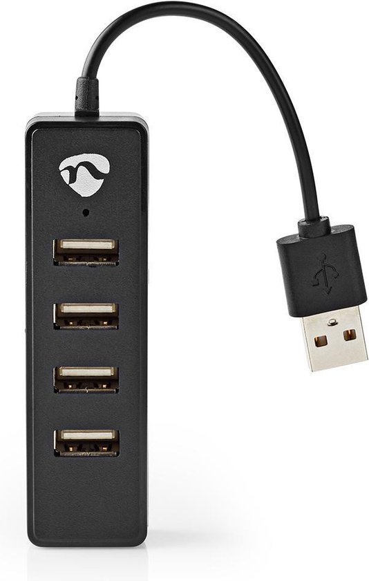 Zwarte Nedis 4-poorts USB 2.0 hub met logo aan de bovenzijde en vier USB-A poorten aan de zijkant.