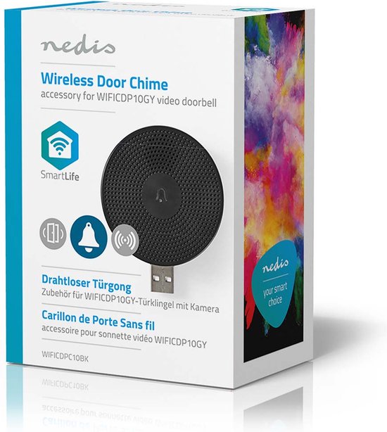 Nedis SmartLife draadloze deurbelgong, WIFICDP10GY, zwart, met USB-aansluiting en kleurrijk patroon.