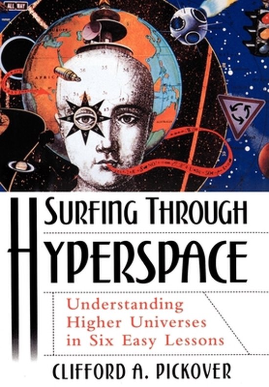 Boekomslag van "Surfing Through Hyperspace" met een surrealistisch portret van een hoofd op een globe, met sterren en ruimtevaartsymbolen.