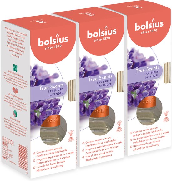 Bolsius True Scents - Geurstokjes - Lavendel - 3 stuks - Voordeelverpakking - 45ml - Bolsius