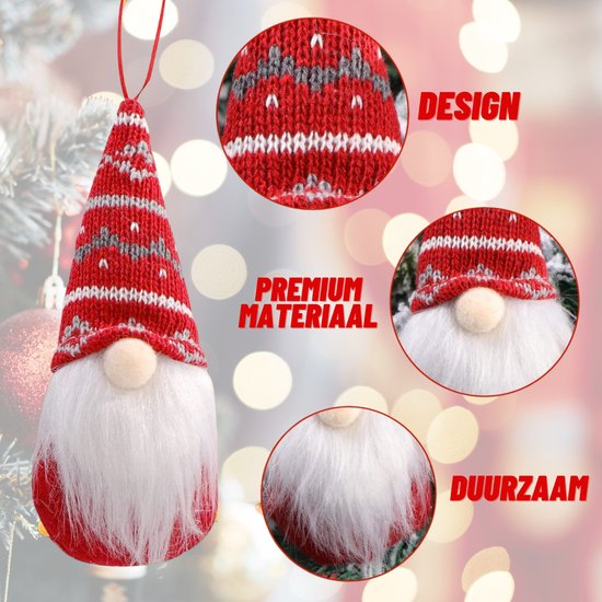 Nain de Noël avec un bonnet tricoté rouge et gris à motifs, une barbe blanche et un nez rose pâle.