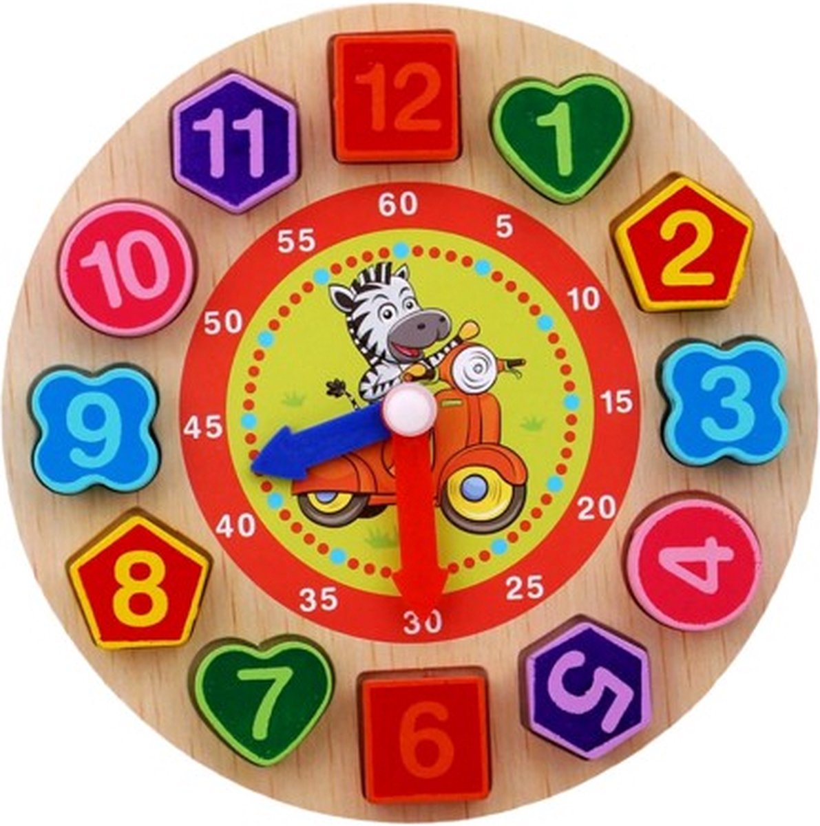 ZaCia Houten Puzzelklok met 12 cijfers speelgoed - Inlegstukken - Leerklok met wijzers - Vormsorteerder puzzelklok - Educatief speelgoed - Klok kijken - Leren van tijd - Kleuren - Vormen - Cijfers