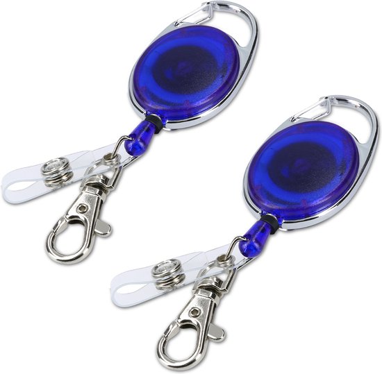 Porte-clés kwmobile avec cordon coulissant - Set de 2 pièces - Pince pantalon extensible pour clés et carte - Porte-cartes rétractable - Blauw