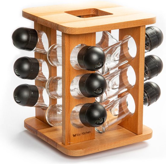 Étagère à épices en bois avec 12 pots en verre avec bouchons noirs, logo 'Joy Kitchen' visible.