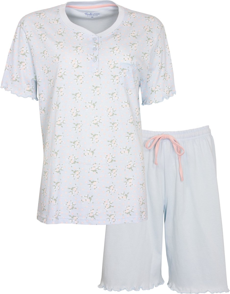 Tenderness Dames Shortama - Pyjama - Katoen - Licht Blauw - Maat XXL