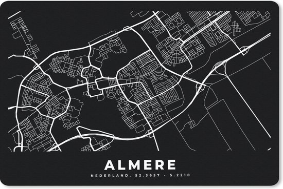 Zwart met witte kaart van Almere, Nederland. De naam 'ALMERE' en coördinaten staan onderaan.