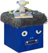 Relaxdays 1x poef kinderkamer - opbergpoef - speelgoedkist - vouwbaar - monster - blauw