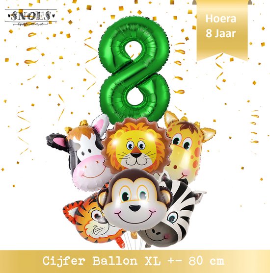 Jungle Decoratie Verjaardag Ballonnen - Hoera 8 jaar - Snoes- Nummer ballon 8 - Safari - Jungle Hoofden 6 stuks + Cijferballon Groen  & Gratis Rietje en Ballon Lint