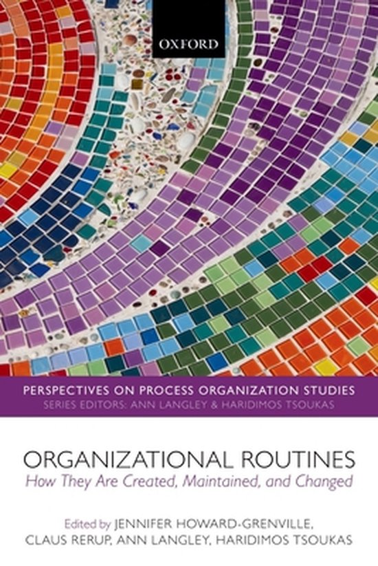 Boek "Organizational Routines" met kleurrijke mozaïekomslag in regenboogkleuren en paarse tinten, met "Oxford" logo bovenaan.
