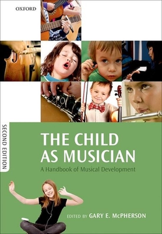 Boekomslag: "The Child As Musician" met collage van kinderen die muziekinstrumenten bespelen en luisteren.