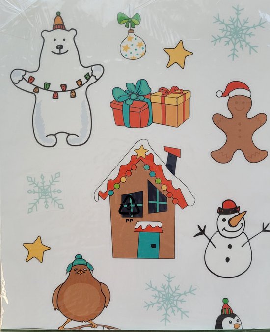 Raamsticker Kerst 3 vellen met stickers voor raam - sneeuwpop cadeau ijsbeer pinquin klokken kerstbal sneeuwvlok