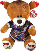 Bruine Teddybeer met disco glitter shirtje LOVE 32 cm | knuffelbeer pluche knuffel love beer | Ik Hou Van Jou - I Love You bear | Beertje met hart liefde | B beer met hartje 32cm |