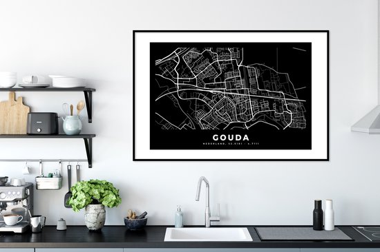 Affiche avec cadre Carte - Gouda - Zwart - 120x80 cm