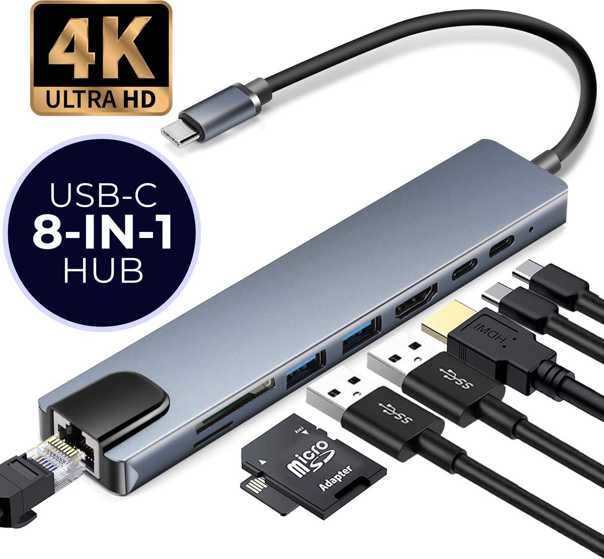 Premium Goods 8-in-1 USB C Hub – USB 3.0 – 4K UHD HDMI - Ethernet - Hubs -  Usb-Hubs - 65w | bol.com