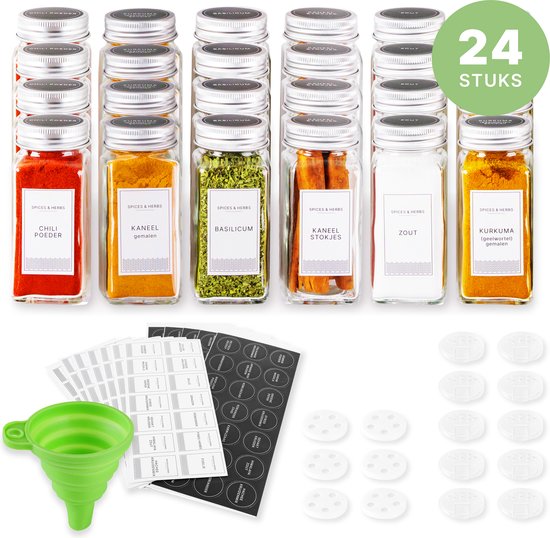 24 Glazen Kruidenpotjes vierkant met Deksel - Kruidenstrooier - Complete set met Strooideksels, Voorbedrukte Stickers en Trechter - Inhoud 120 ml - 10,2 x 4 cm
