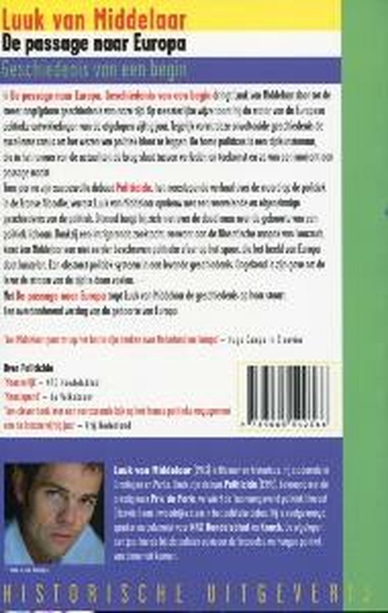 Achterkant van het boek 'De passage naar Europa' met tekst en een barcode. Rechts een groene strook.