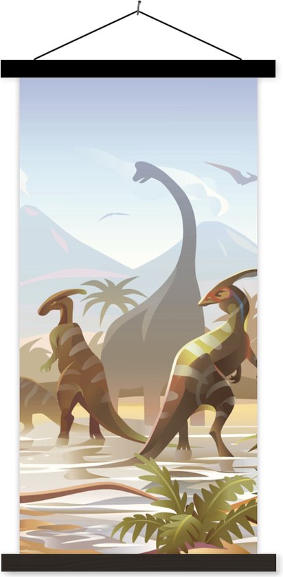 Posterhanger incl. Poster 40x80 cm - Schoolplaat - Dinosaurus - Landschap - Tropisch - Kinderen - Jongens - Textielposter - Zwarte latten