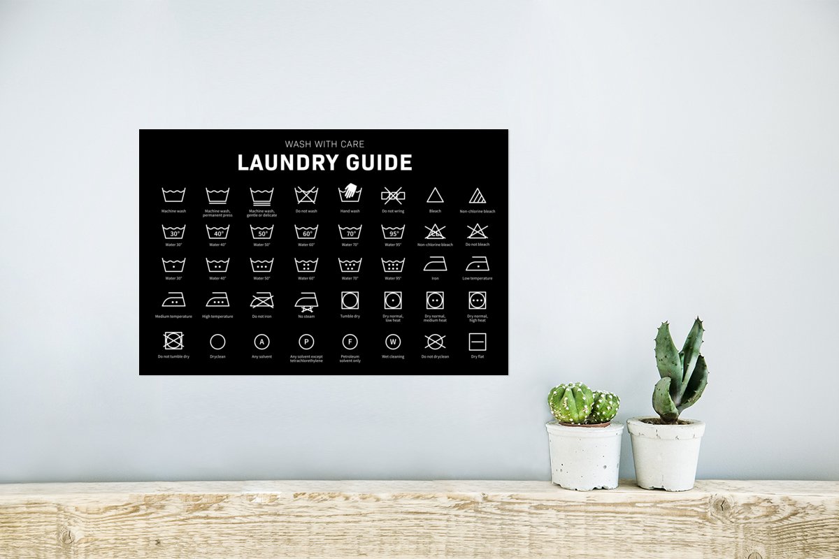 Zwarte afdruk wasinstructiesgids, poster met onderhoudssymbolen label donkere kleding, wasruimte muurkunst decor, wassen en drogen vouw herhalen afdrukbaar - België