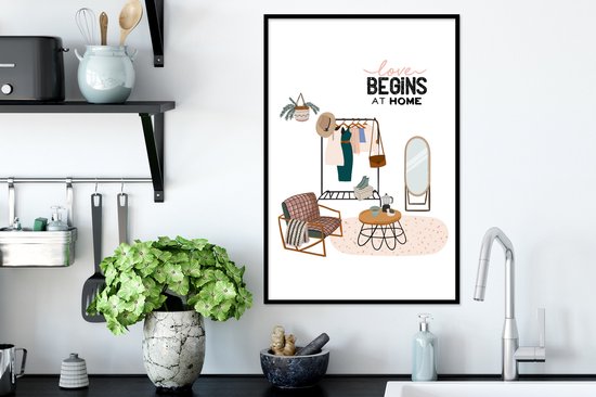 Fotolijst incl. Poster - 'Love begins at home' - Spreuken - Quotes - 40x60 cm - Posterlijst