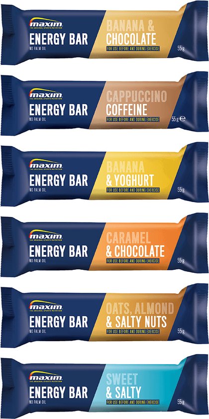 Maxim energy bar variatiepakket - 18 energierepen - 18 x 55g - heerlijke energy bars in 6 smaken - mix van mueslirepen met en zonder chocoladelaagje, gedroogd fruit en noten - ideaal voor en tijdens het sporten om extra energie te tanken