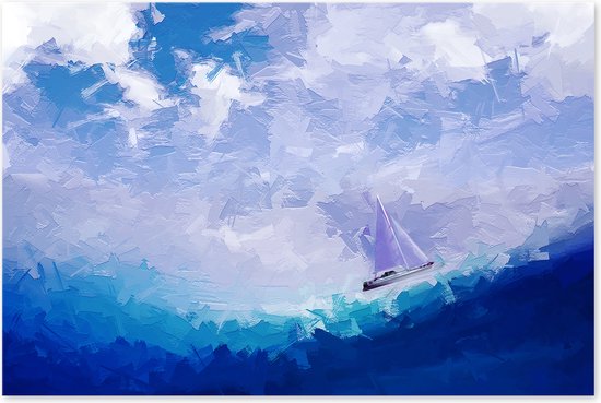 Graphic Message - Schilderij op Canvas - Boot op Zee - Abstract - Zeilboot - Oceaan - Blauw