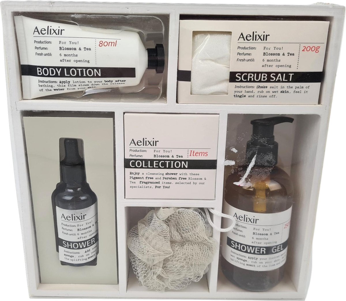 Goedkoopste Geschenkset Aelixir - Body Lotion 80 ml - Scrub Salt 200g - Douchegel 250 ml - Douche Olie 50 ml - Cadeau - Sinterklaas - Kerst - Parabenen vrij - Pigment vrij