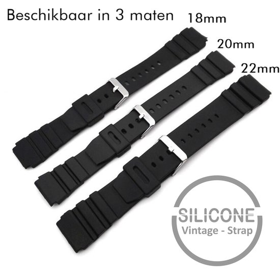 Drie zwarte siliconen horlogebanden in de maten 18mm, 20mm en 22mm. Verkrijgbaar in 3 maten.