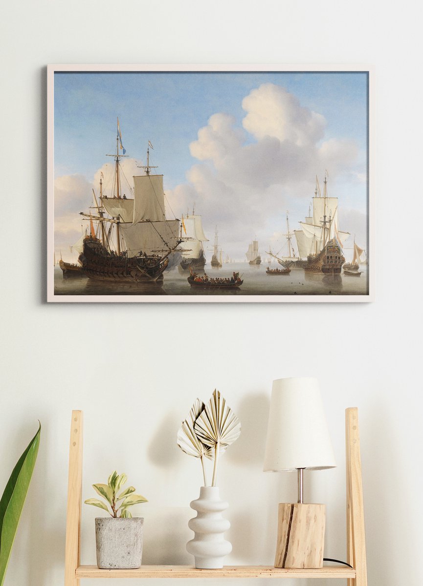 Esque Poster In Witte Lijst - VOC Schepen - Hollandse Schepen op een kalme zee - Gouden Eeuw - Large 50x70 cm