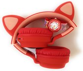 ZaciaToys Bluetooth Draadloze On-Ear Koptelefoon voor Kinderen Rood Incl. educatief kinderhorloge - Kattenoortjes - Kinder Hoofdtelefoon - Draadloos Headphone - Handsfree - Gehoorb