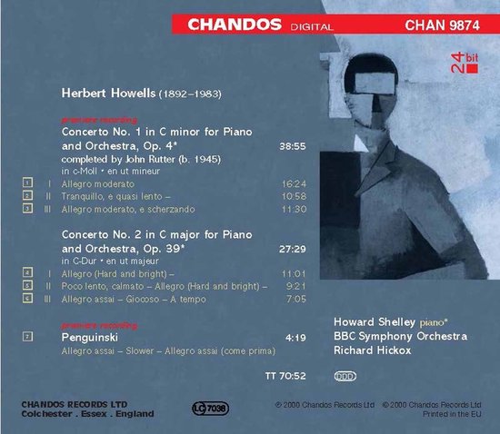 Achterkant van het cd-hoesje met tracklist voor Herbert Howells concerten, uitgevoerd door Howard Shelley.