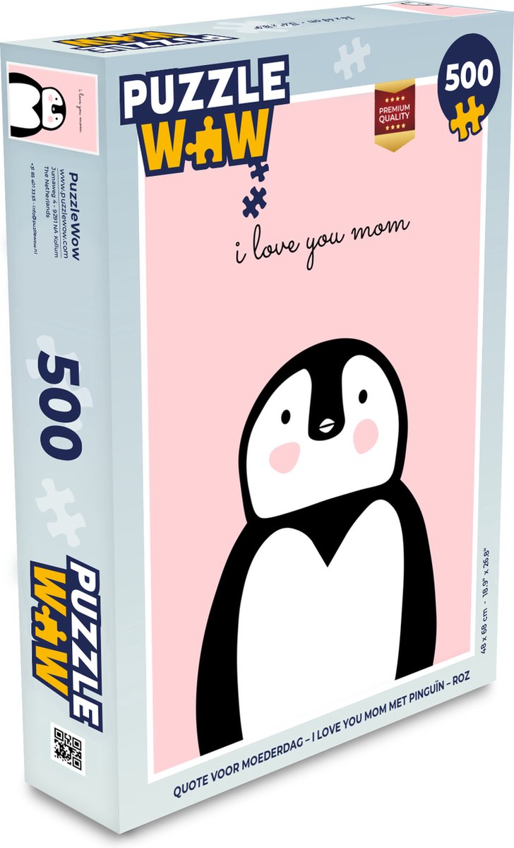 Afbeelding van product PuzzleWow  Puzzel Quote voor Moederdag – i love you mom met pinguïn – roze - Legpuzzel - Puzzel 500 stukjes