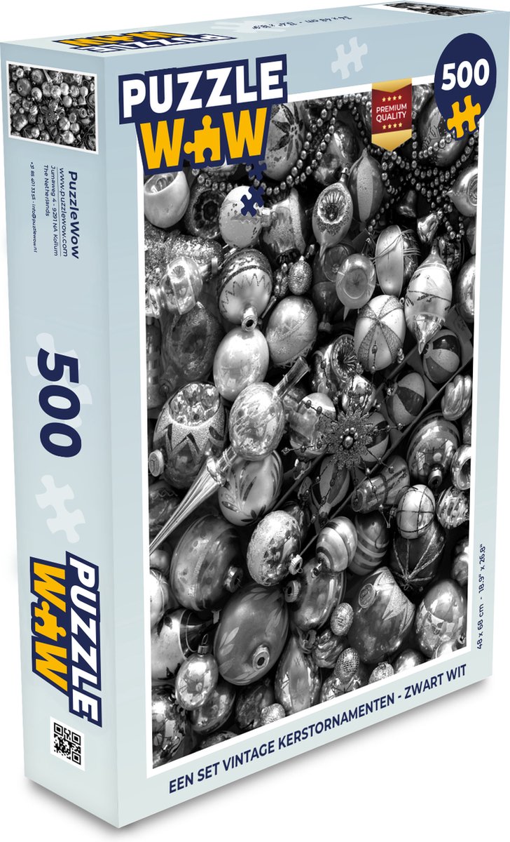 Puzzel - 500 stukjes - Een set vintage kerstornamenten - zwart wit - Kerst Puzzel - Christmas Puzzel