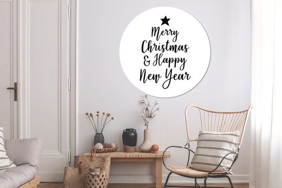 Noël citation Joyeux Noël et Happy année sur un autocollant fond blanc papier peint cercle mur - ⌀ 120 cm - peinture ronde - cercle de papier peint - cercle de mur - cercle vivant - auto-adhésif découpe et rond