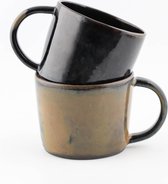 Dobro Pottery - Handgemaakte Mok - 400ml - Zwart en Amber - Grote Mok - Koffiemok - Koffiebeker - Theekopje - Koffiekopje