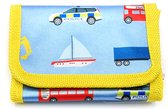 Kinderportemonnee voor jongens blauw geel met voertuigen autos politie bootje brandweer schepauto